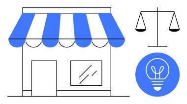 Tente, adalet ölçeği ve yenilik ampulü ikonu olan bir mağaza. Girişimcilik, adalet ve yaratıcılık öneriyor. Ticaret, hukuk, yenilik, sermaye perakende iş girişimciliği için ideal