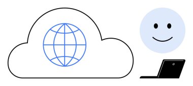 Küresel erişimi olan bir bulut, kullanıcı memnuniyeti için gülen yüz, teknoloji kullanımı için dizüstü bilgisayar. Teknoloji, iletişim, bulut hesaplama, küresel iş, kullanıcı deneyimi, uzaktan kumanda
