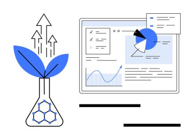 Eko-büyümeyi sembolize eden mataraya bitki, ilerleme için oklar, analitik için grafikler ve grafiklerle ekran. Sürdürülebilirlik, bilim, yenilik, iş, teknoloji, ekonomi için ideal basit iniş