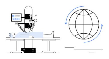 Robotik cerrahi kol hastayı ameliyat ediyor. Monitör, bitişik dünyanın hayati istatistiklerini gösteriyor. Küresel bağlantıyı gösteriyor. Teknoloji, sağlık, yenilik, teletıp, robotik, yapay zeka için ideal