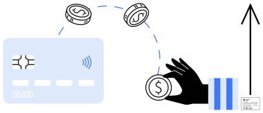 Kablosuz ödeme ikonu, bozuk paralar, el ele tutuşan para ve büyümeyi simgeleyen yukarı doğru ok olan kredi kartı. E-ticaret, fintech, tasarruf, yatırım, banka çevrimiçi alışveriş sade iniş için ideal