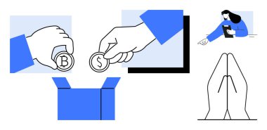 Elleri Bitcoin ve dolar bozukluklarını bir kutuya bağışlayan, işaret ederken tablet tutan kadın, dua eden eller. Hayırseverlik, bağış, fintech, takım çalışması, rehberlik, dua sade iniş için ideal