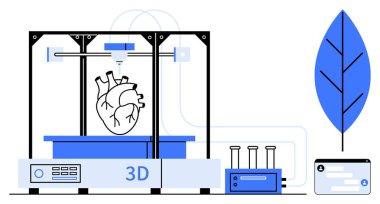 3D yazıcı test tüpleri, eko-yaprak ve teknoloji konsoluyla çevrili anatomik bir kalp üretiyor. Sağlık yeniliği, biyoteknoloji, 3D baskı, sürdürülebilirlik, bilimsel gelişim için ideal