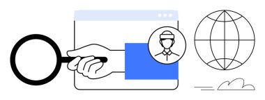 Web sayfasında büyüteç, kullanıcı profili temsili ve bir dünya. Dijital kimlik, analitik, küreselleşme, çevrimiçi arama, veri araştırma işe alma yeniliği için idealdir. Temiz daire