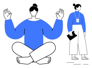 Kadın bacak bacak üstüne atarak meditasyon yapıyor, el hareketi yapıyor ve profesyonel kadın pano tutuyor. Denge, farkındalık, kendine dikkat, işyeri sağlığı, verimlilik, akıl sağlığı, odaklanma için idealdir. Basit.