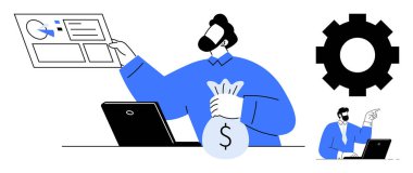 Elinde finansal rapor ve para çantası olan dizüstü bilgisayarı olan bir adam operasyonları vurguluyor. Finans, iş büyümesi, başarı, takım çalışması, yönetim, strateji, üretkenlik için ideal