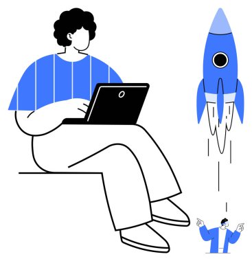 Dizüstü bilgisayarı olan biri güvenli bir şekilde oturuyor, roket fırlatmayı ve büyümeyi simgeliyor. Yenilik için ideal, yaratıcılık, iş kurma, girişimcilik, teknoloji, takım çalışması için yeni bir başlangıç. Basit.