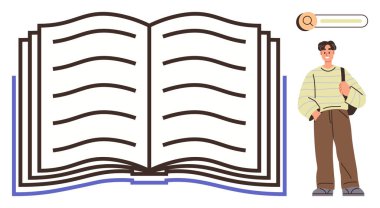 Sıradan giyinmiş bir adamın yanında basit metin satırları olan, eğitim, bilgi ve keşif sunan açık bir kitap. Öğrenme, okuma, araştırma ve kişisel gelişim için idealdir.