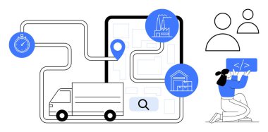 Yol işaretleri, kronometre ve sanayi simgeleri olan dijital bir haritaya bağlı bir kamyon. İş yerinde bir programcı ve kullanıcı simgeleri içerir. Lojistik, navigasyon, dağıtım, tedarik zinciri için ideal