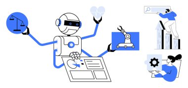 Robot kalp ve ölçekte çoklu görev, verileri analiz etmek, robot kolu yönetmek ve insanlarla işbirliği. Teknoloji, yapay zeka, veri bilimi, takım çalışması, yenilik etiği otomasyonu için ideal