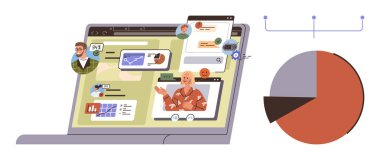 Bilgisayar ekranında takım üyeleriyle video görüşmeleri, analiz ve veri tabloları var. Veri analizi için pasta grafiği. Uzak çalışma, iş, takım çalışması, veri paylaşımı, işbirliği videosu için ideal