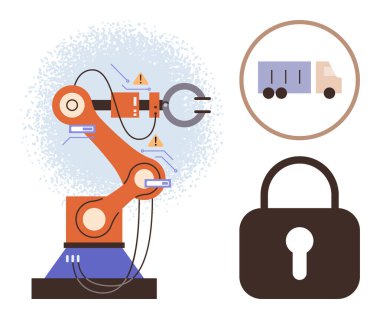 Robot kol devrede, asma kilit sembolü ve kamyon ikonu otomasyon, siber güvenlik ve lojistiği temsil ediyor. Teknoloji, yapay zeka, güvenlik, endüstriyel otomasyon akıllı dijital üretim için ideal