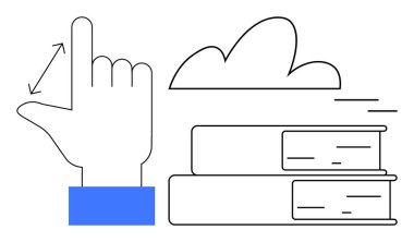 El hareketi, kitaplar ve bulut tasvir eden dijital eğitim, bilgi paylaşımı, yaratıcılık ve bulut temelli öğrenme kavramları. Teknoloji, eğitim ve e-öğrenme temaları için ideal