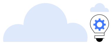 İnovasyonu, bulut hesaplamasını ve dijital fikirleri sembolize eden dişli ampulle dolu büyük bulut şekli. Teknoloji, yenilik, bulut depolama, dijital dönüşüm ve bilişim çözümleri için ideal