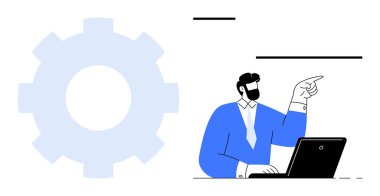 Resmi kıyafetli bir adam dizüstü bilgisayarda çalışıyor ve vites simgesinin yakınını işaret ediyor. Takım çalışması, iş stratejisi, yenilik, dijital dönüşüm, problem çözme, organizasyon, kariyer büyümesi için ideal