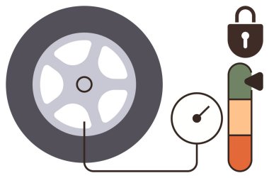 Bir basınç göstergesine bağlı lastik ve güvenlik seviyeleri için renk ölçekli bir kilit simgesi. Araba bakımı, güvenlik, verimlilik, güvenilirlik, izleme, güvenlik, otomotiv bakımı için ideal. Basit düz