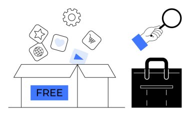 Uygulama simgeleri, vitesler ve alışveriş arabalarıyla dolu bir kutu. El ele tutuşan büyüteç ve çanta. E- ticaret, hediye, pazarlama, yenilik, araştırma teknolojisi için ideal online araçlar