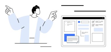 Yapılandırılmış düzenleri, işaretleri ve metin alanlarını gösteren bir arayüz tasarımına doğru hareket eden kişi. UIUX tasarımı, takım çalışması, öğretim, teknoloji, beyin fırtınası, yaratıcılık dijital