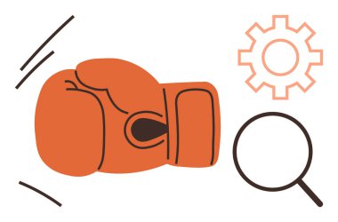 Turuncu boks eldiveni, çark ve yakınlarda büyüteçle çalışıyor. Takım çalışması, strateji, rekabet, analiz, problem çözme, iş sorunları, performans için ideal. Basit düz metafor