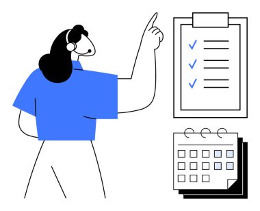 Bir takvimin yanında tamamlanmış görevleri olan kontrol listesine bakan bir kadın. Program, verimlilik, organizasyon, görev yönetimi, planlama, iş akışı, hedef belirleme için ideal. Basit düz metafor