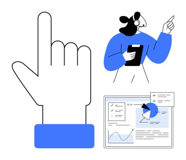 Seçimler için el hareketi, kulaklık ve not paneli olan müşteri destek ajansı ve detaylı bir analitik panel. Teknoloji, destek, iletişim, analitik, takım çalışması, navigasyon için ideal