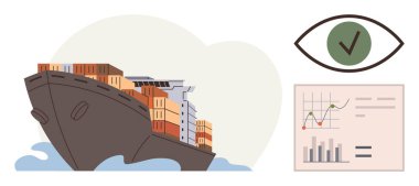 Kargo gemisi konteynırlarla dolu, performans grafikleri olan bir veri tablosu ve doğrulama işaretli bir göz sembolü. Lojistik, nakliye, analitik, ulaşım, ticaret ve küresel ticaret için ideal