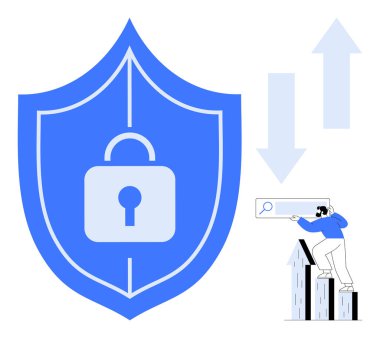 Veri korumasını temsil eden büyük bir kilit, yükselen eğilimleri analiz eden bir kişi ve büyüme gösteren oklar. Siber güvenlik, iş büyümesi, veri analizi, gizlilik, koruma için ideal