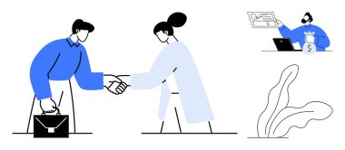 İki meslektaş ortaklığı sembolize ederken ayrı bir iş adamı finans verileri ve para çantasını gözden geçiriyor. Takım çalışması, işbirliği, başarı, iş büyümesi, anlaşma ve planlama için ideal