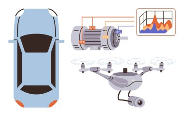 Elektrikli arabanın üst görüntüsü, kablolu ayrıntılı motor diyagramı, HD kameralı Quadcopter ve hat şeması. Yenilik için ideal, yapay zeka teknolojisi, mühendislik, ulaşım, robot denetimi basit