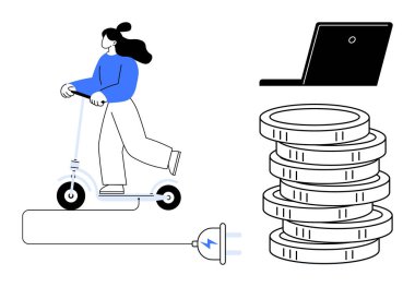 Kadın e-scooter 'la şarj kablosuna bağlanıyor. Yığınla bozuk para ve dizüstü bilgisayarın yanında. E-hareketlilik, sürdürülebilirlik, kentsel ulaşım, teknoloji, enerji tasarrufu, çevre dostu yaşam için ideal