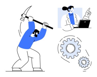 Kazma kullanan işçiler, takım çalışmasını ve süreci temsil eden vitesler, çevrimiçi platformda çalışan profesyoneller. İşbirliği, endüstri, yenilik, iletişim, strateji, ilerleme için ideal