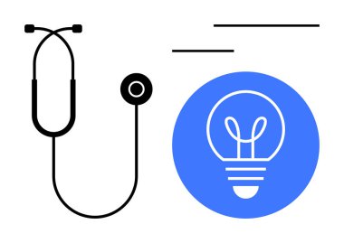 Tıbbi bakım ve yenilikçi fikirleri sembolize eden bir ampulün yanındaki steteskop. Sağlık, bilim, yaratıcılık, araştırma, tıbbi buluşlar, yenilik, basit iniş sayfası için ideal