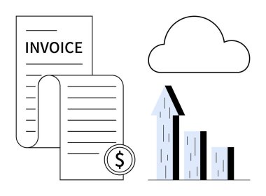 Fatura belgesi, dolar parası, bulut simgesi ve bar grafiğindeki yukarı doğru ok gelir artışını temsil ediyor. Finans, fatura, bulut hizmetleri, muhasebe, analitik e-ticaret için ideal