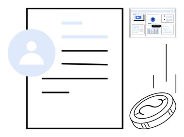 Profil simgesi olan belgeye, kariyer ödülünü simgeleyen bozuk paraya ve finansal analiz ve başarıyı gösteren gösterge paneline devam et. Kariyer, büyüme, yatırım, işe alım, finans için ideal