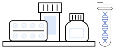 İlaç paketleri, ilaç şişeleri ve DNA iplikli test tüpleri. Sağlık, ilaç, eczane, ilaç araştırması, biyoteknoloji, genetik hassas tıp için idealdir. Basit düz