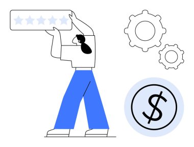 Beş yıldızlı bir derecelendirme bloğunu kaldıran kişi, vites ve dolar grafikleriyle birlikte. Hizmet kalitesi, müşteri memnuniyeti, performans değerlendirmesi, mali büyüme, üretkenlik, takım çalışması için ideal