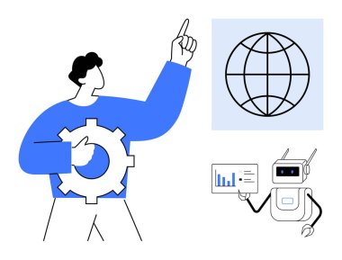 Veri analizi yapan bir robotun yanında küresel ağ ikonuna karşı vites kolları tutan bir karakter. Teknoloji, yapay zeka, yenilik, takım çalışması, ağ oluşturma, küresel ilerleme, eğitim için ideal