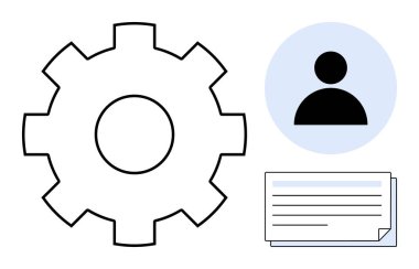Takım çalışmasını, üretkenliği, proje yönetimini, iş akışını, ayarları, kaynak organizasyonunu ve güvenilirliği temsil eden kullanıcı profili simgesi ve belge yığınının yanında vites kutusu. Basit bir daire için ideal