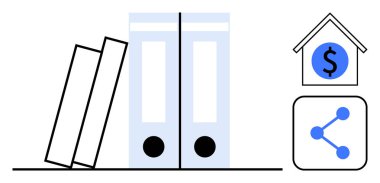 İki eğimli dosyanın yanında iki dik dosya, bir evde bir dolar sembolü ve bir paylaşım ağı simgesi. Finans, organizasyon, ağ, takım çalışması, planlama ve veri yönetimi için ideal