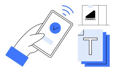 El, ödeme onayı, dijital makbuz ve belge ikonu için akıllı telefon kullanıyor. Fintech, e-ticaret, ödeme çözümleri, iş uygulamaları, teknoloji hizmetleri, dijital sistemler için ideal