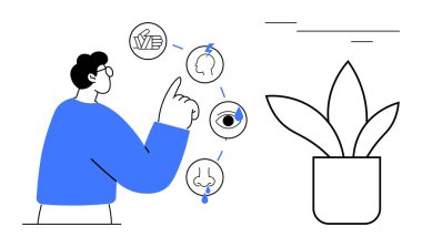 El, kafa, göz, burun ve kulağın duyusal simgelerini gösteren kişi, bilinci sembolize ediyor. Eğitim, sağlık, biyoloji duyusal öğrenme farkındalığı için ideal. Basit düz metafor.