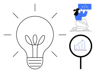 Ampulün yaratıcılığı yayması, tabletin üzerindeki kişinin kodlaması, büyüme grafiğinin üzerindeki büyüteç. Yenilik, teknoloji, strateji, analitik, büyüme, basit iniş sayfası planlama için ideal