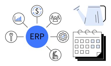 ERP sistem merkezi finans, insan kaynakları, analitik, araçlar ve üretimi temsil eden ikonlara bağlıdır. Sulama kutusu ve planlama takvimi de dahil. İş, yönetim ve verimlilik için ideal