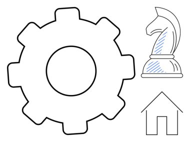 Üretkenlik olarak vites, stratejiyi sembolize eden satranç şövalyesi ve istikrarla bağlantılı ev çizgisi. Konseptler için ideal planlama, verimlilik, yenilik, ticaret, yönetim, mimari