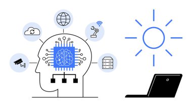 Yapay zeka çipli insan kafası, IOT simgeleri, dizüstü bilgisayarı ve güneşe bağlı. AI, IoT, yenilik, insan-makine etkileşimi veri bilimi, gelecekteki teknoloji ve yaratıcılık için idealdir. Basit düz metafor