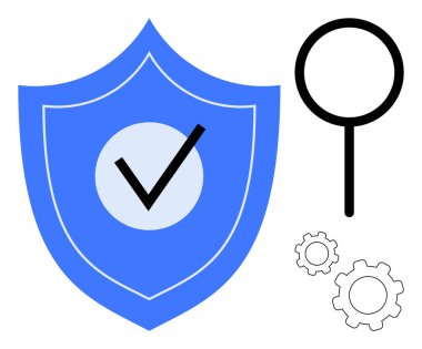 İşaretli mavi kalkan korumayı sembolize ediyor analiz için büyüteç, sistem işlevselliği için vites. Güvenlik, gizlilik, analiz, bakım, güvenilirlik, optimizasyon için ideal