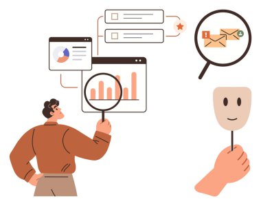 Adam grafikleri, çizelgeleri ve e-postaları büyüteç kullanarak inceliyor, analitiği vurguluyor, e-posta incelemesi ve kimlik doğrulaması yapıyor. Veri yönetimi, siber güvenlik, dolandırıcılık tespiti için ideal