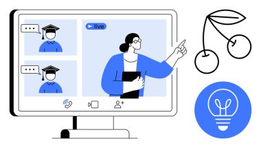 Sanal öğrencilere video görüşmesinde mezuniyet şapkası takan bir eğitmen. Ampul simgesi ve kiraz illüstrasyonu yeniliği ve yeni fikirleri sembolize eder. Çevrimiçi eğitim ve e-öğrenim için ideal