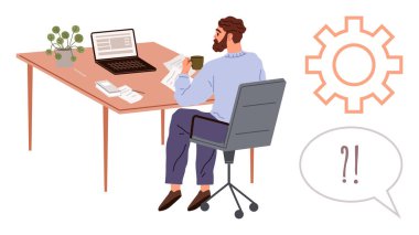 Masada oturan adam kahve, dizüstü bilgisayar ve bitki ile belgeleri inceliyor, donanım ve noktalama işaretleri ile. Üretkenlik, problem çözme, beyin fırtınası, uzak çalışma, ofis kültürü zamanı için ideal