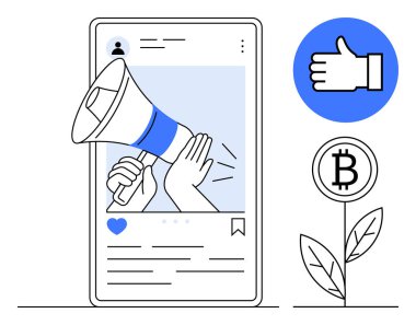 Bir megafonlu akıllı telefon ekranı, yukarı düğme simgesi, bitkisel para sembollü bitki yetiştirme. Sosyal medya stratejisi, dijital pazarlama, kripto para birimi, çevrimiçi tanıtım, kullanıcı katılımı için ideal